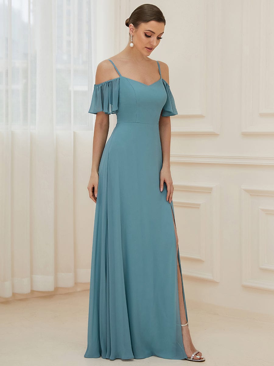 Custom Size Cold-Shoulder Floor Length Bridesmaid Dress with Side Slit