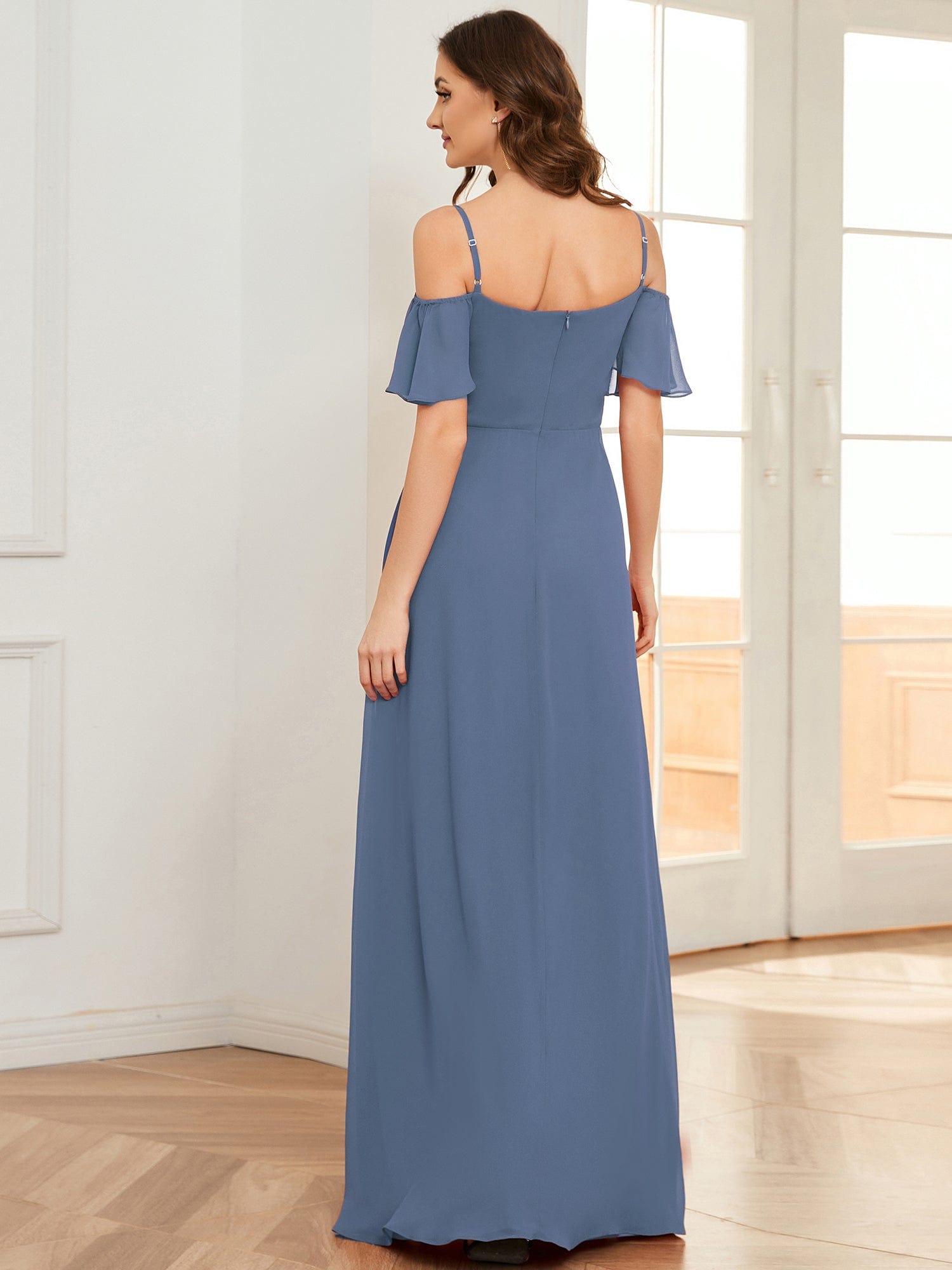 Stylish Cold-Shoulder Split Floor Length Wedding Guest Dress