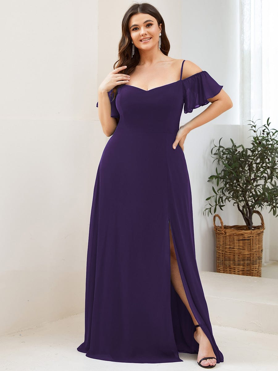 Stylish Cold-Shoulder Split Floor Length Wedding Guest Dress