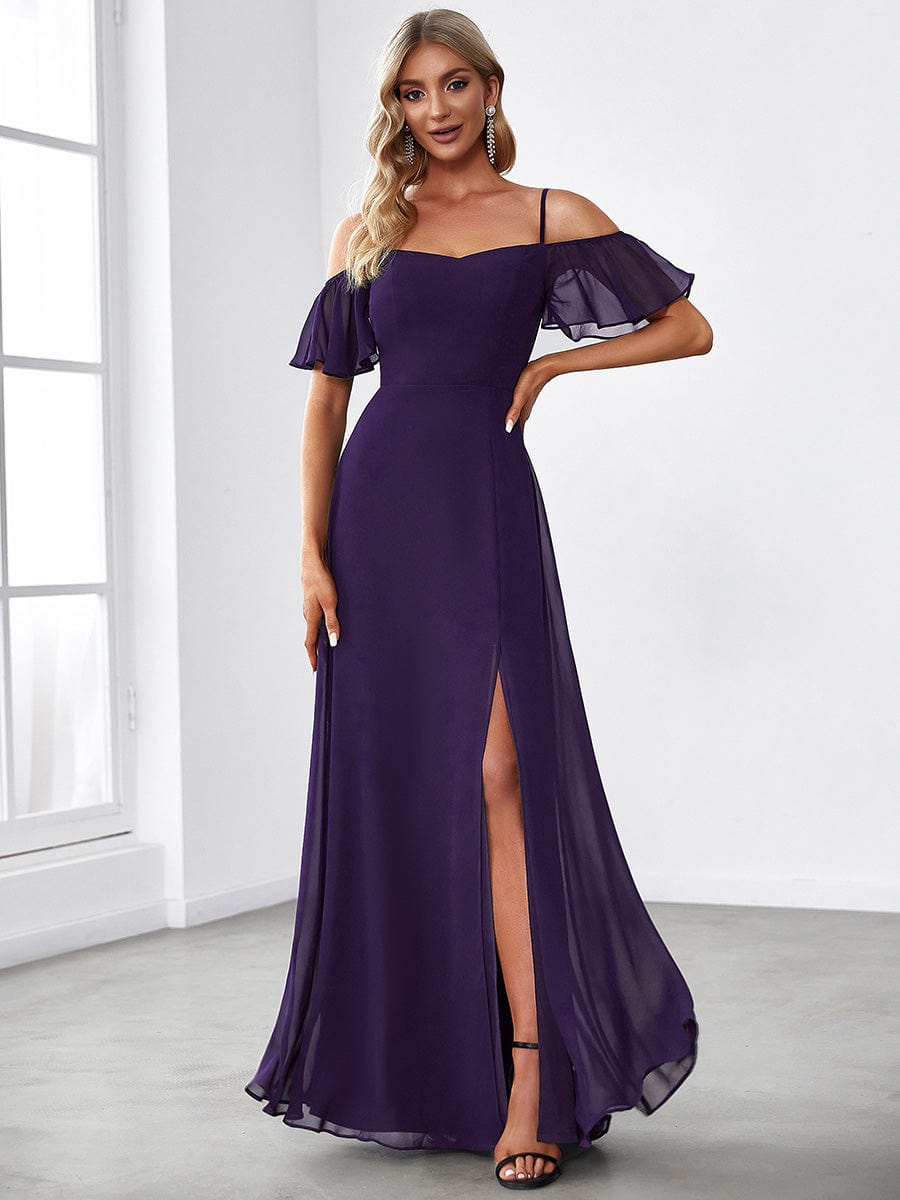 Stylish Cold-Shoulder Split Floor Length Wedding Guest Dress