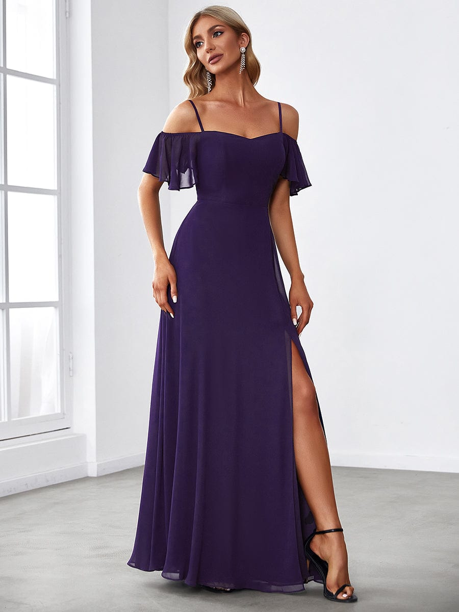 Stylish Cold-Shoulder Split Floor Length Wedding Guest Dress