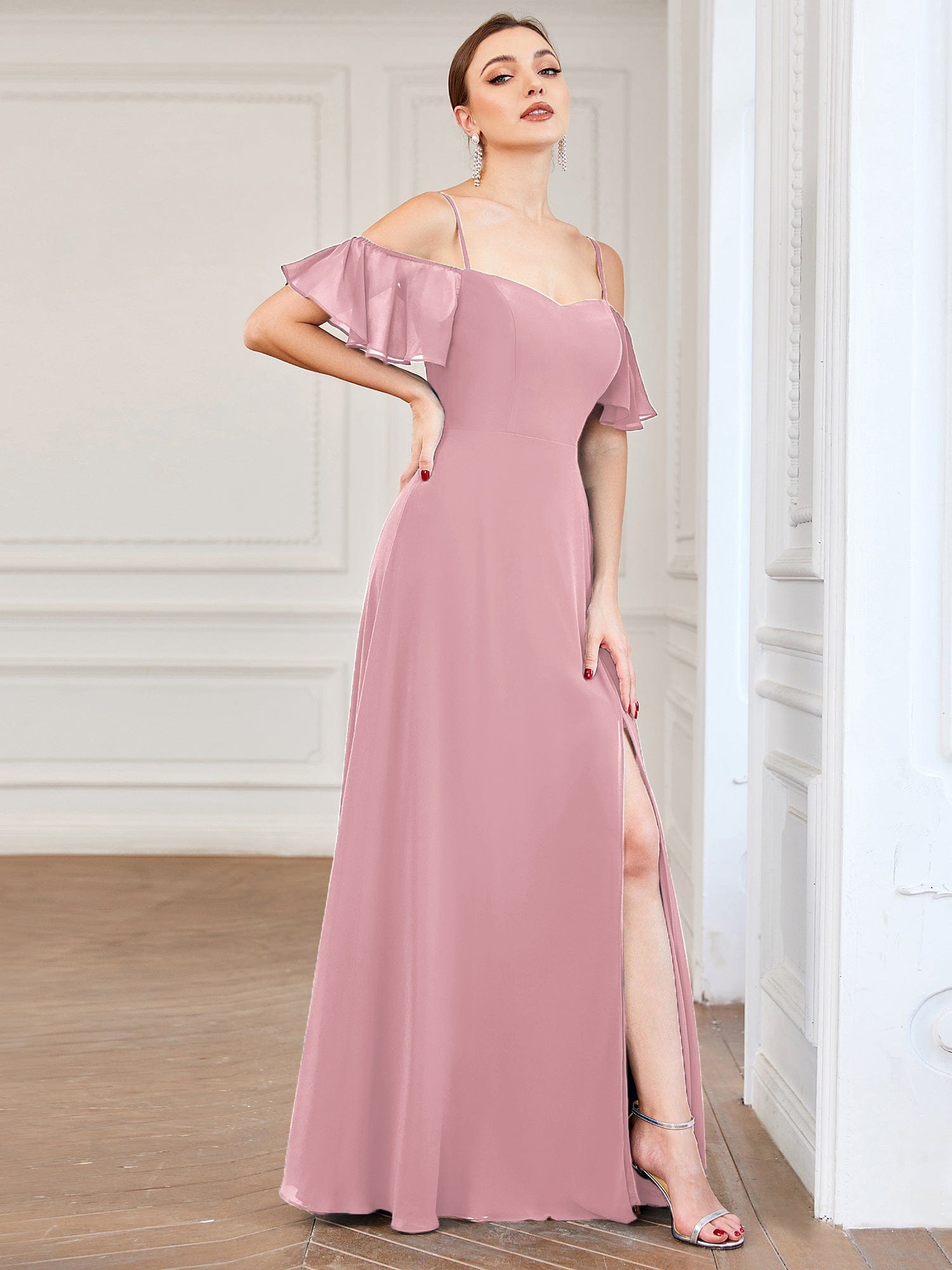 Custom Size Cold-Shoulder Floor Length Bridesmaid Dress with Side Slit