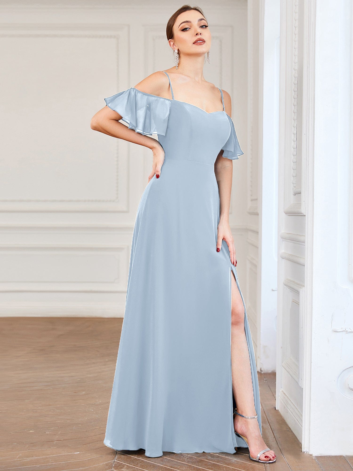 Custom Size Cold-Shoulder Floor Length Bridesmaid Dress with Side Slit