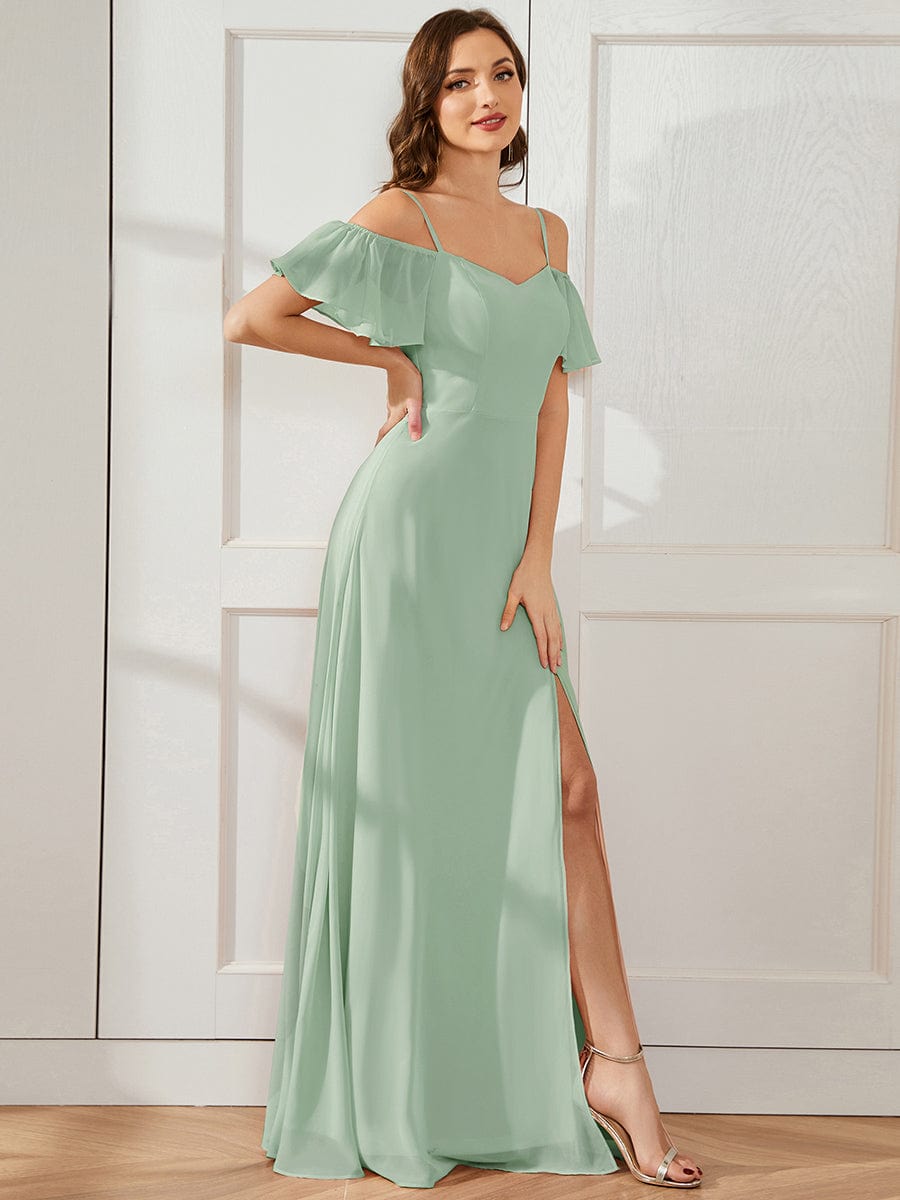 Custom Size Cold-Shoulder Floor Length Bridesmaid Dress with Side Slit