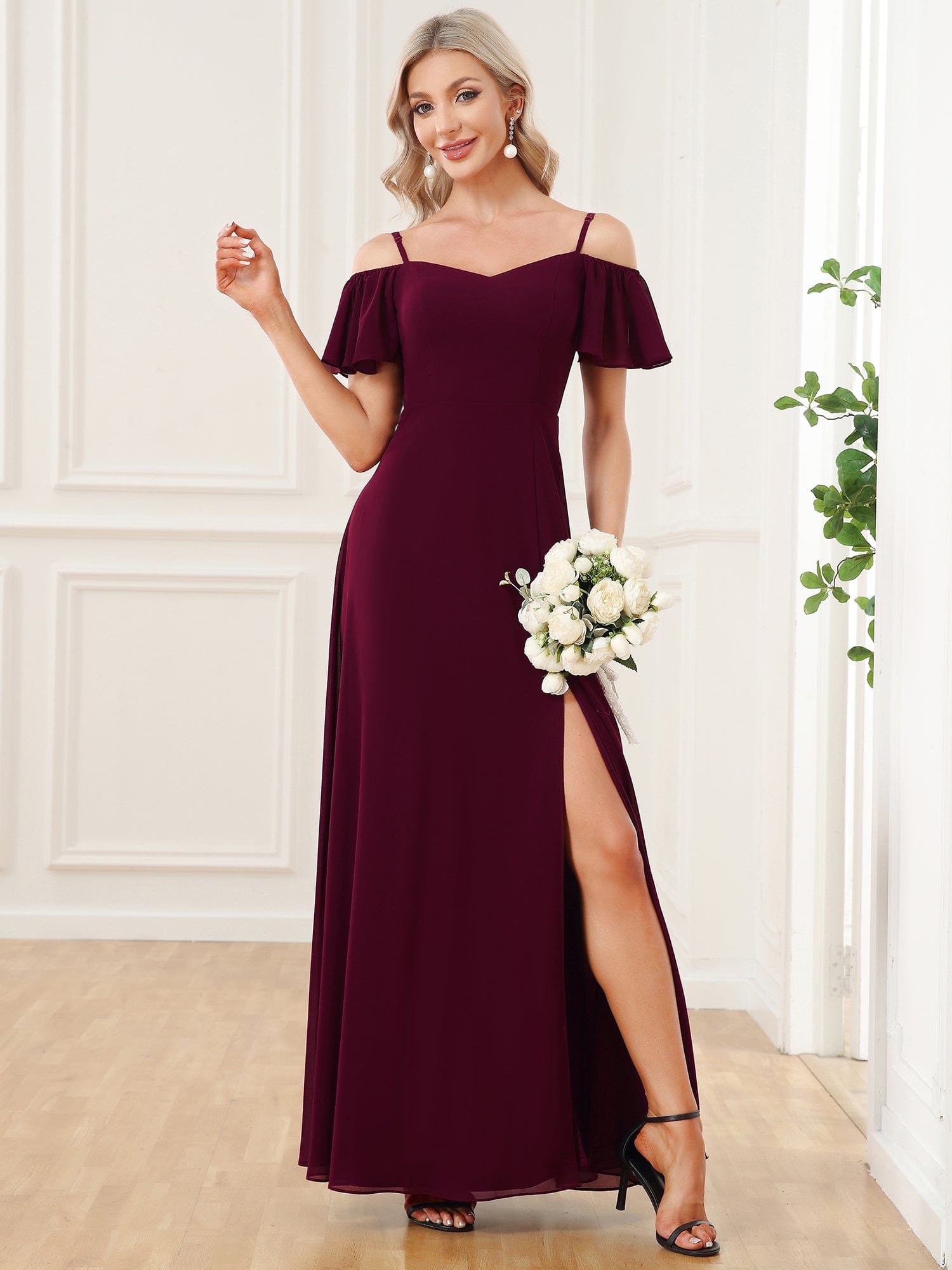 Custom Size Cold-Shoulder Floor Length Bridesmaid Dress with Side Slit