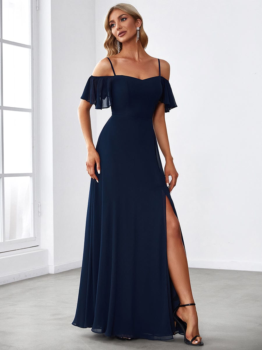 Stylish Cold-Shoulder Split Floor Length Wedding Guest Dress