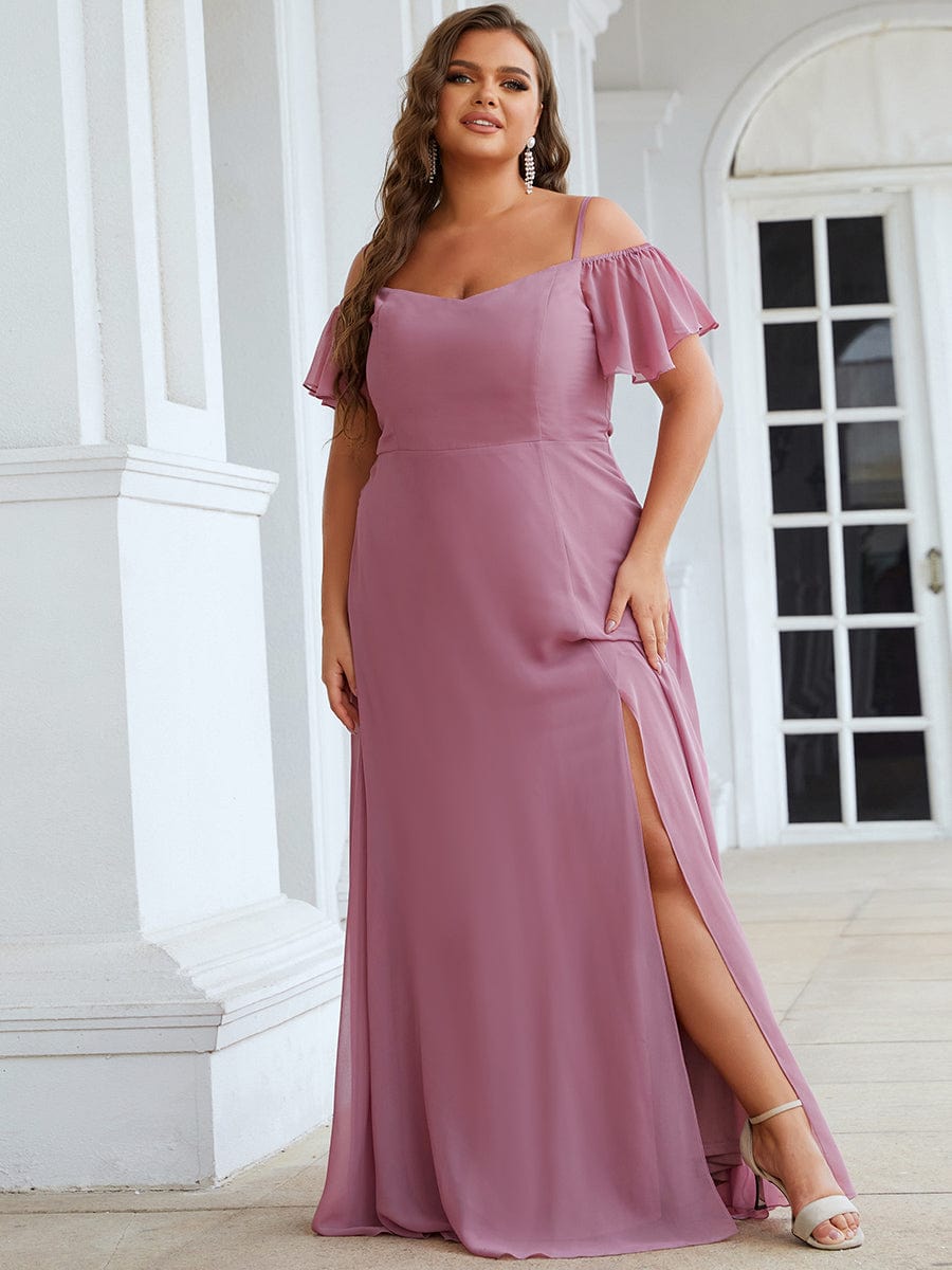 Stylish Cold-Shoulder Split Floor Length Wedding Guest Dress