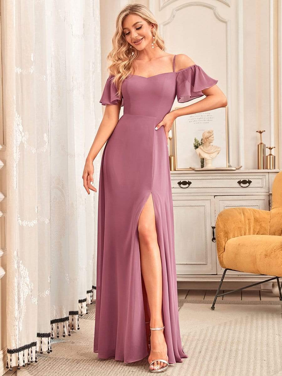 Custom Size Cold-Shoulder Floor Length Bridesmaid Dress with Side Slit