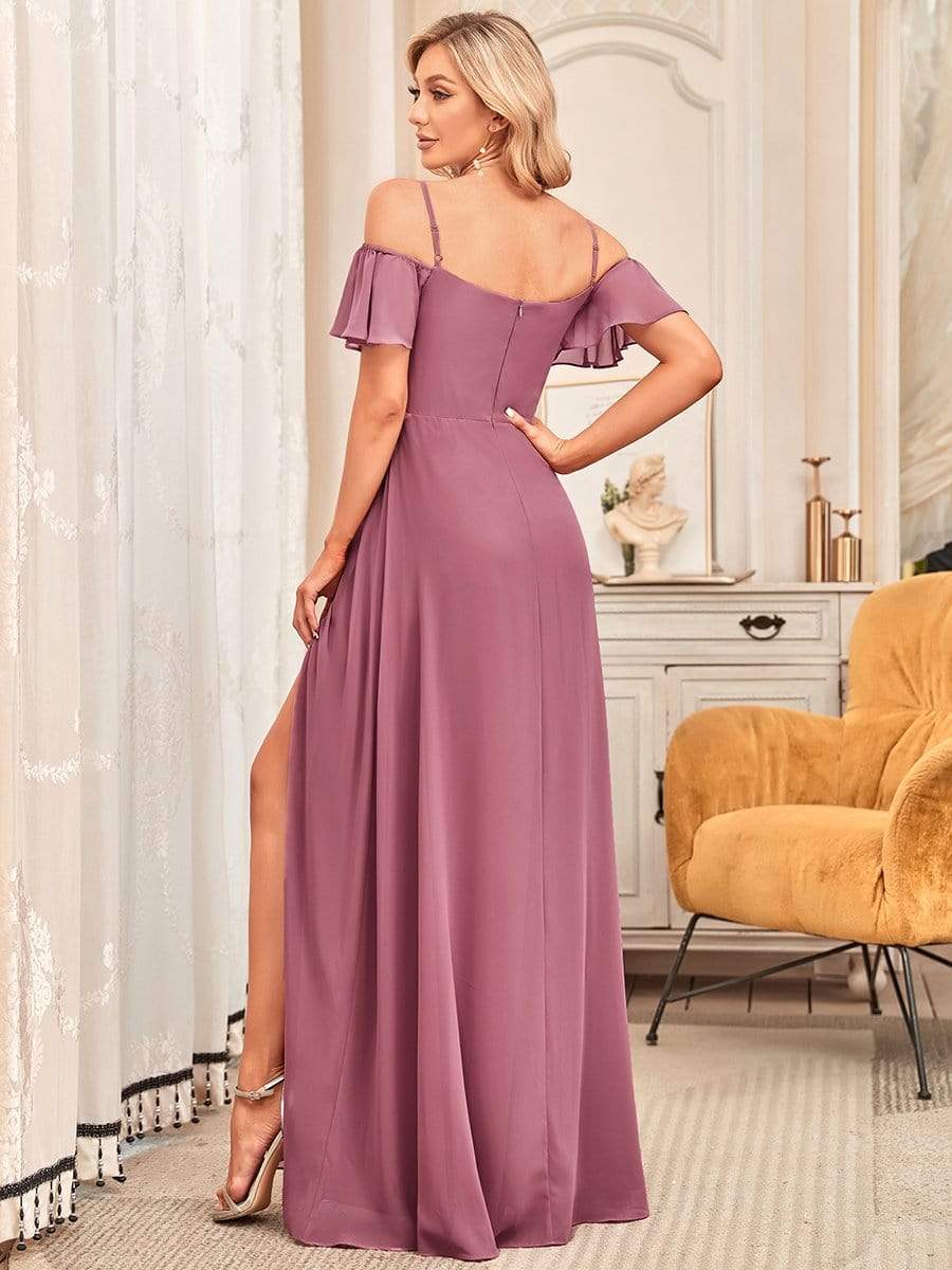 Stylish Cold-Shoulder Split Floor Length Wedding Guest Dress