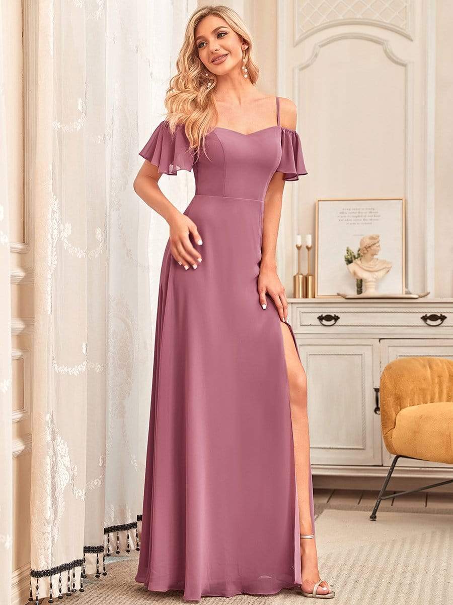 Custom Size Cold-Shoulder Floor Length Bridesmaid Dress with Side Slit