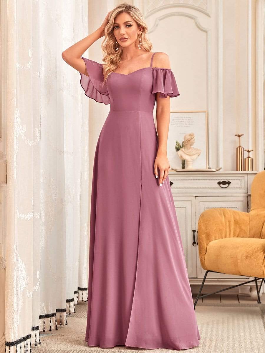 Custom Size Cold-Shoulder Floor Length Bridesmaid Dress with Side Slit