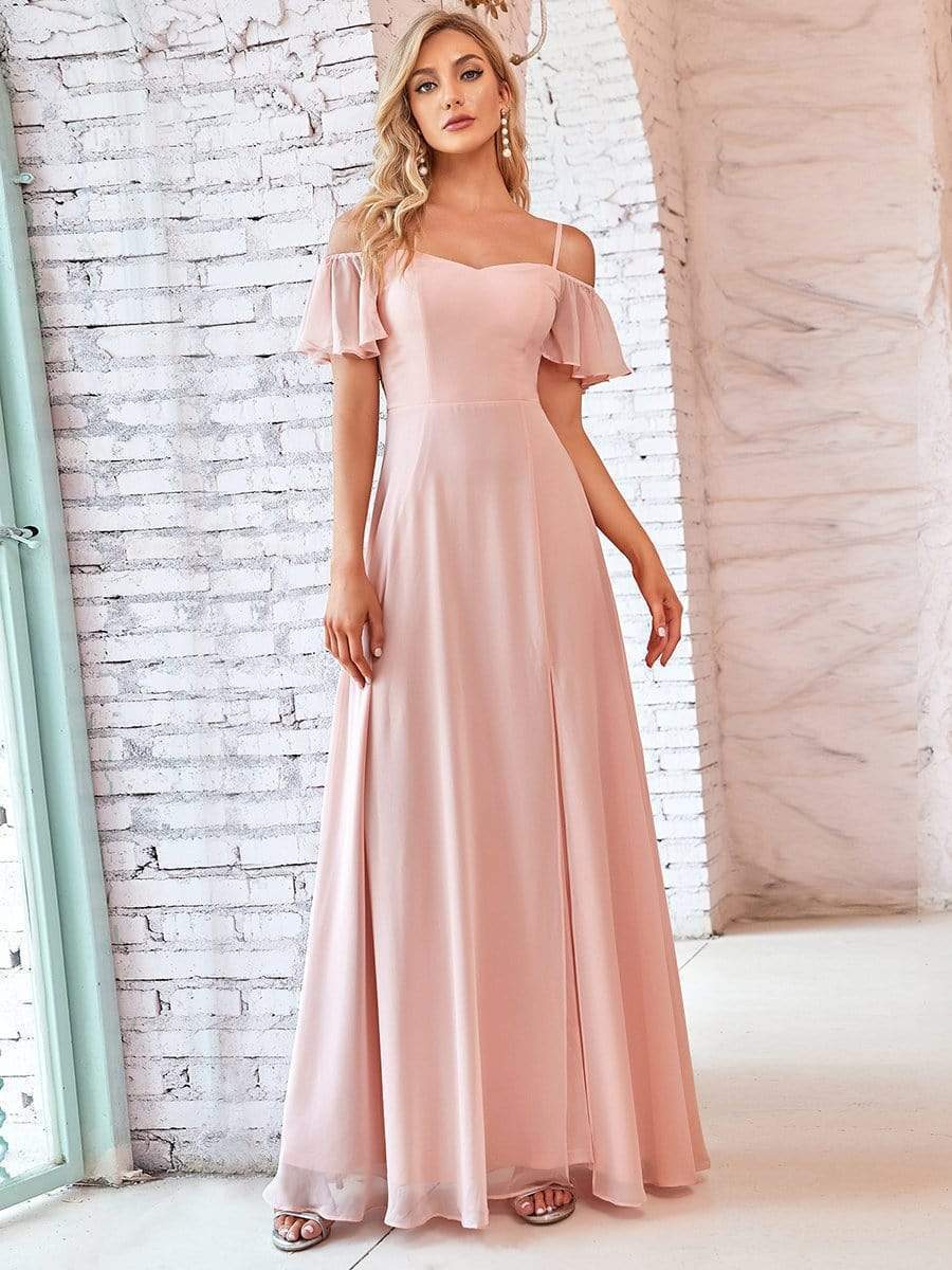 Stylish Cold-Shoulder Split Floor Length Wedding Guest Dress