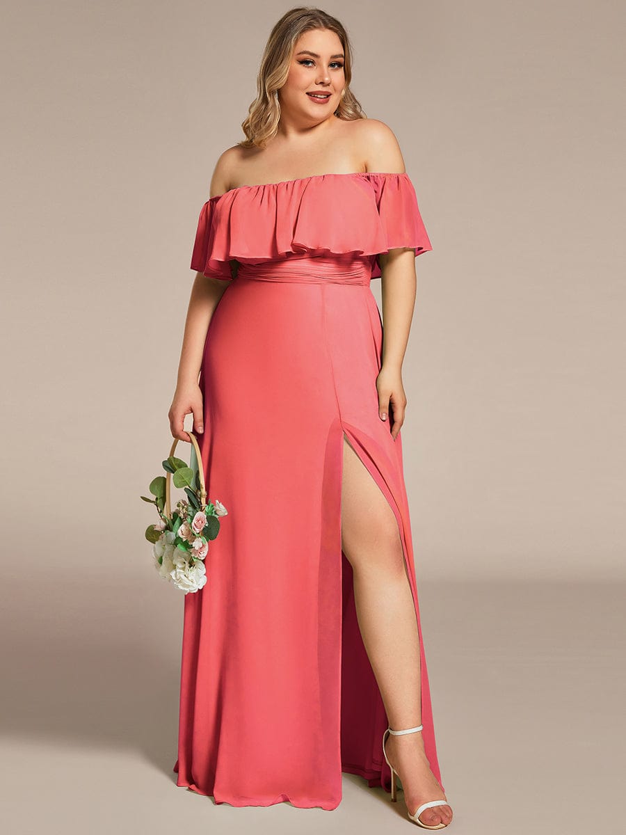 Custom Size Women's Off-The-Shoulder Ruffle Thigh Split Bridesmaid Dresses