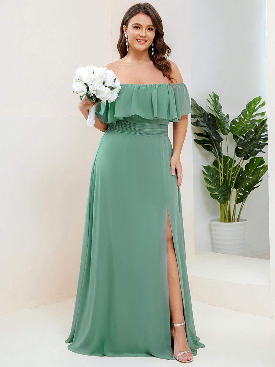 Plus Size Off-The-Shoulder Ruffle Thigh Split Bridesmaid Dress