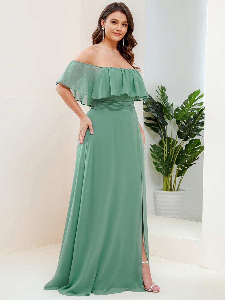 Plus Size Off-The-Shoulder Ruffle Thigh Split Bridesmaid Dress