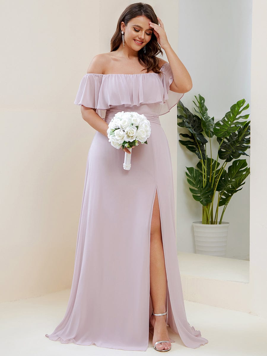 Plus Size Off-The-Shoulder Ruffle Thigh Split Bridesmaid Dress