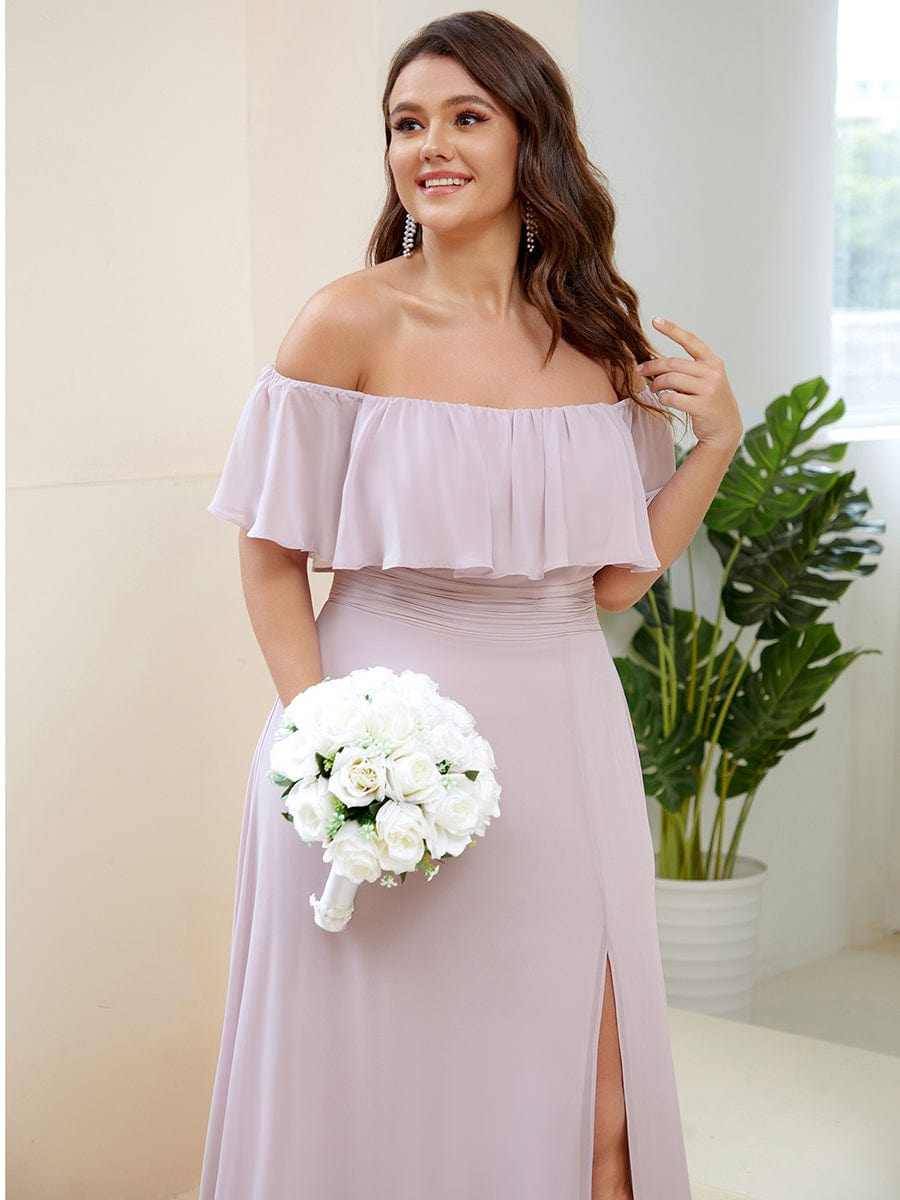 Plus Size Off-The-Shoulder Ruffle Thigh Split Bridesmaid Dress