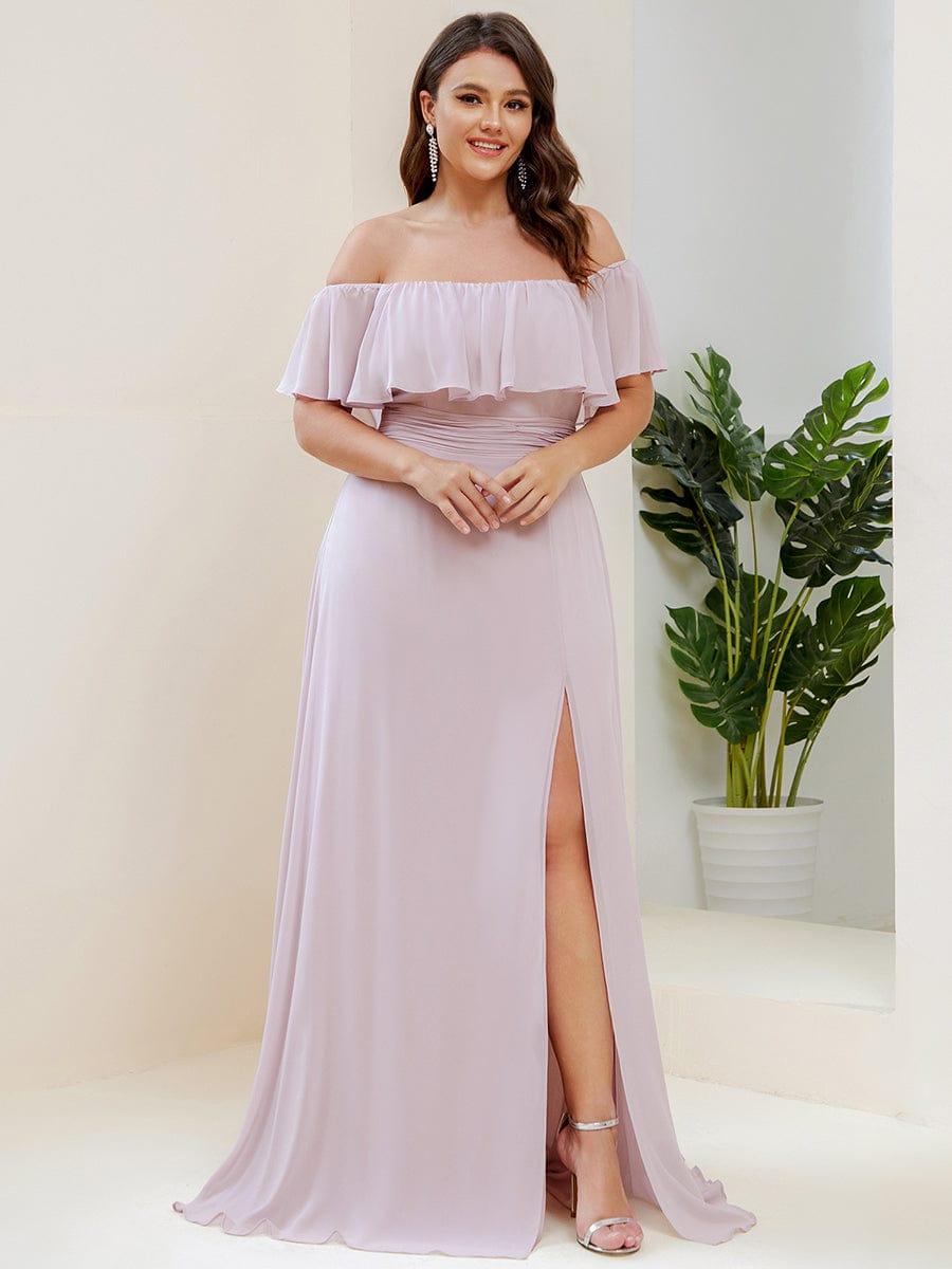 Plus Size Off-The-Shoulder Ruffle Thigh Split Bridesmaid Dress