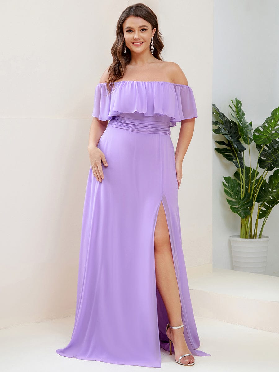 Plus Size Off-The-Shoulder Ruffle Thigh Split Bridesmaid Dress