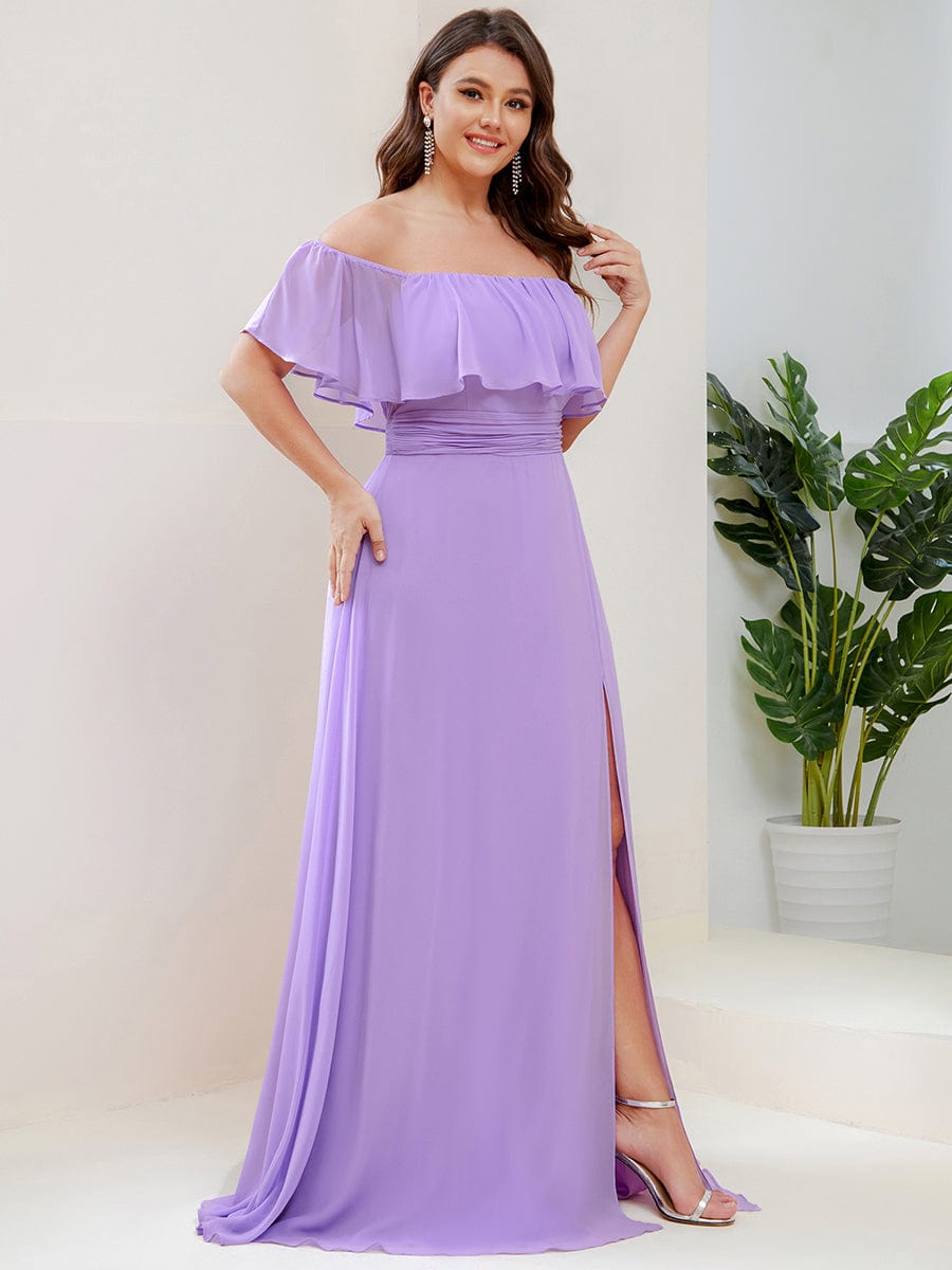 Plus Size Off-The-Shoulder Ruffle Thigh Split Bridesmaid Dress