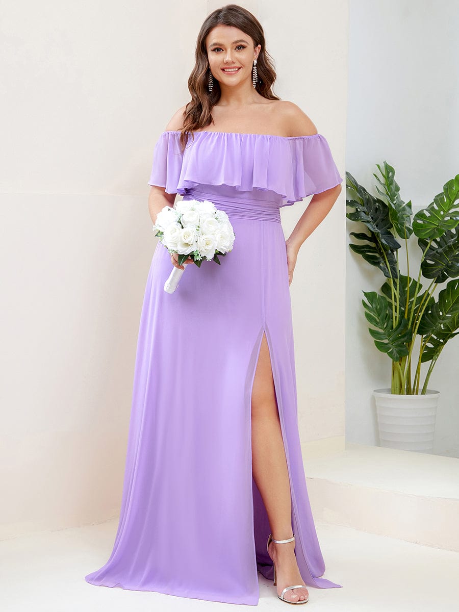 Plus Size Off-The-Shoulder Ruffle Thigh Split Bridesmaid Dress