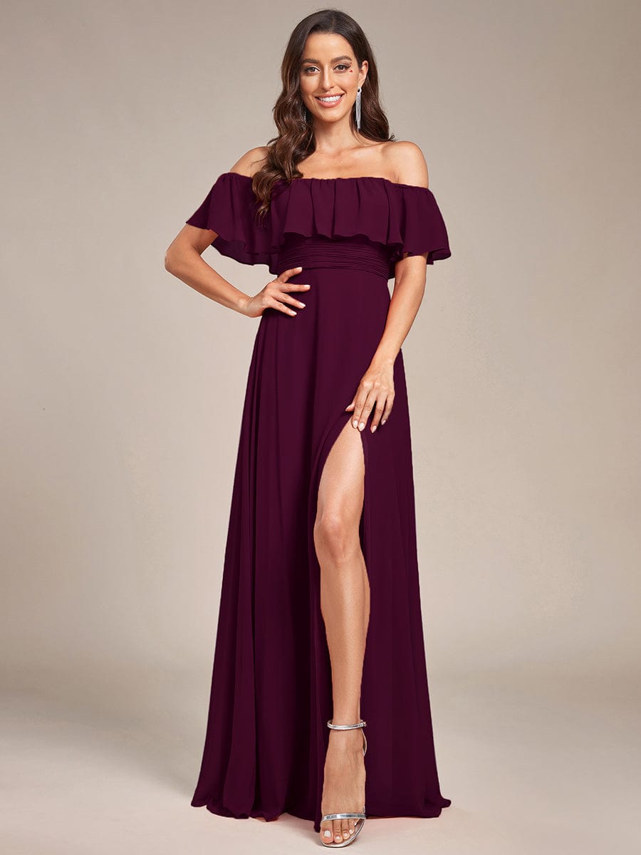 Custom Size Women's Off-The-Shoulder Ruffle Thigh Split Bridesmaid Dresses