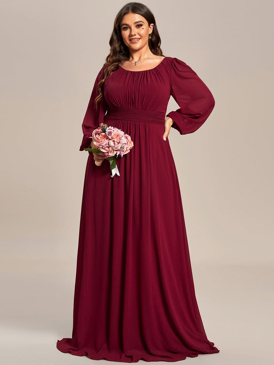 Plus Size Sheer Long Sleeve Pleated Floor Length Bridesmaid Dress