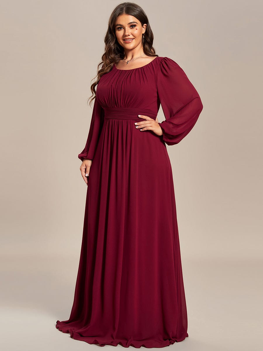 Plus Size Sheer Long Sleeve Pleated Floor Length Bridesmaid Dress