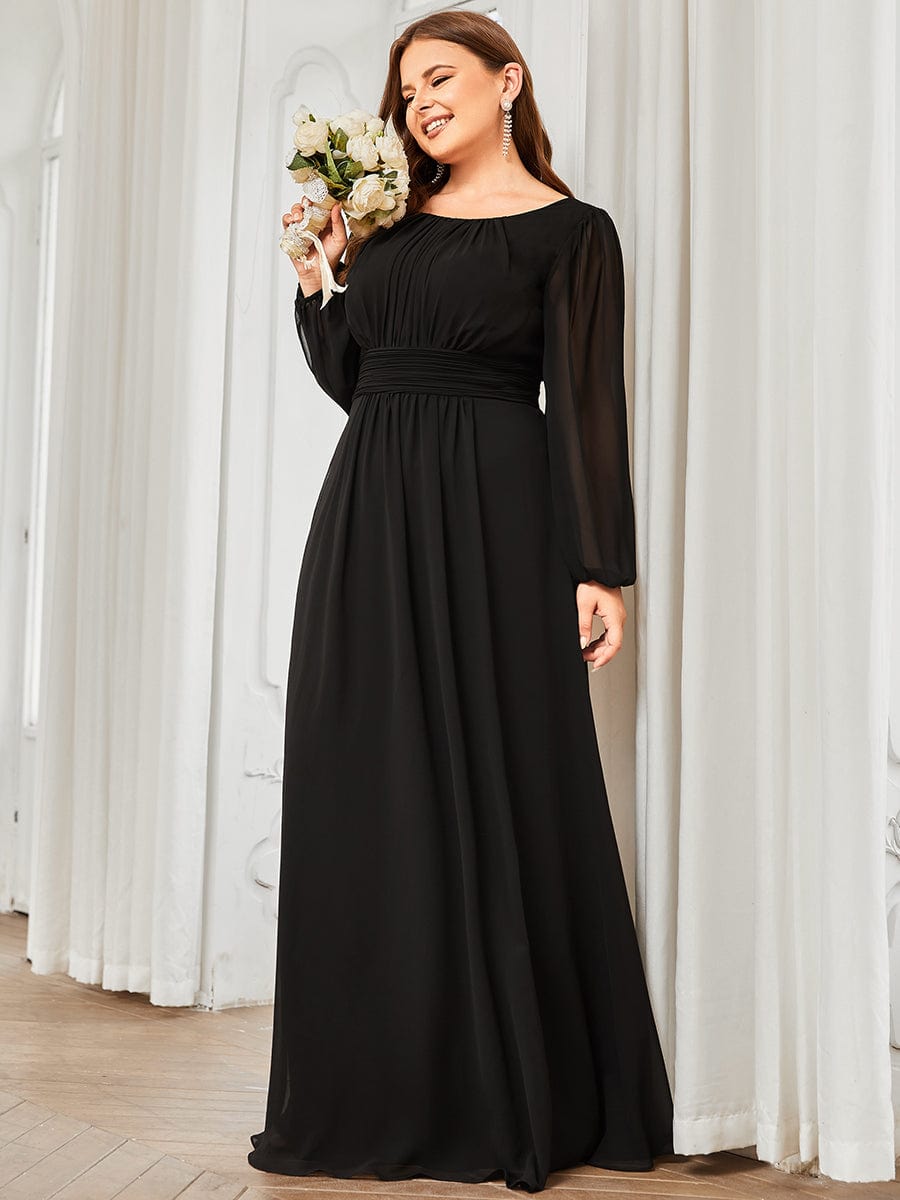 Plus Size Sheer Long Sleeve Pleated Floor Length Bridesmaid Dress