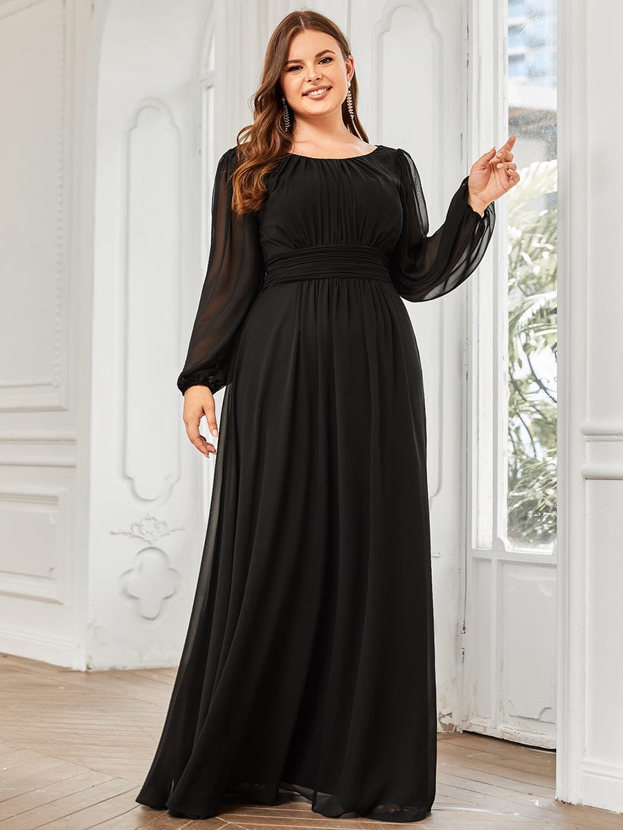 Plus Size Sheer Long Sleeve Pleated Floor Length Bridesmaid Dress