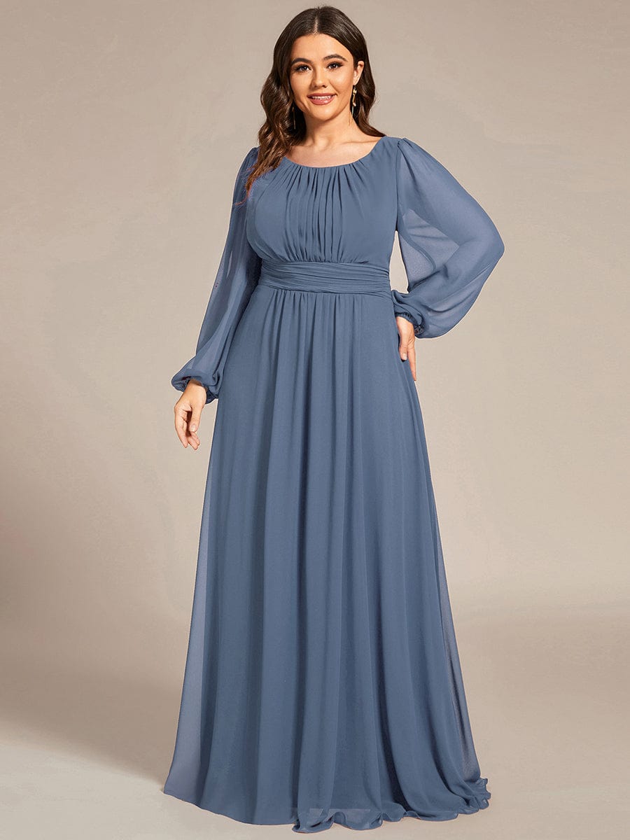 Plus Size Sheer Long Sleeve Pleated Floor Length Bridesmaid Dress