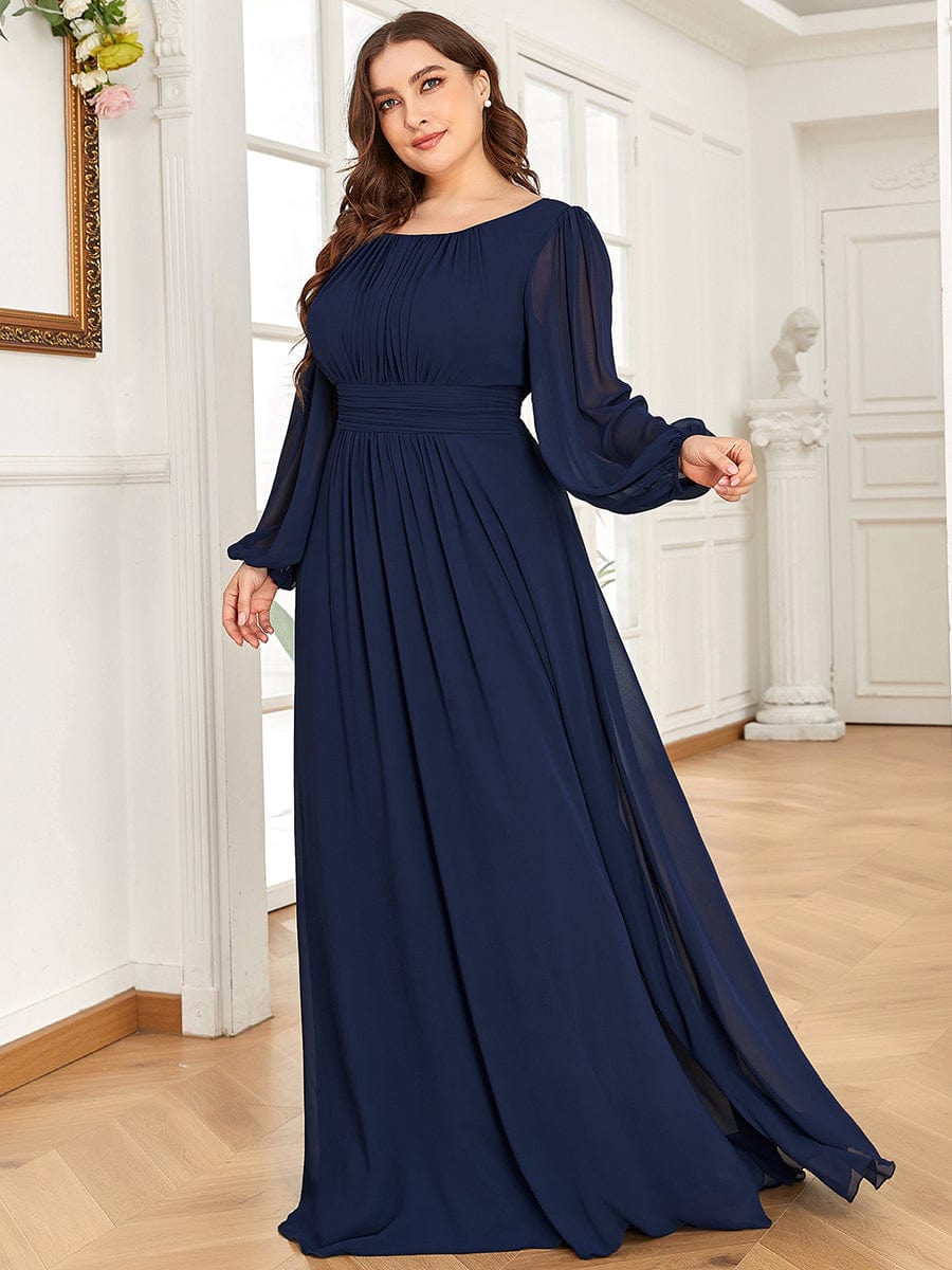 Plus Size Sheer Long Sleeve Pleated Floor Length Bridesmaid Dress