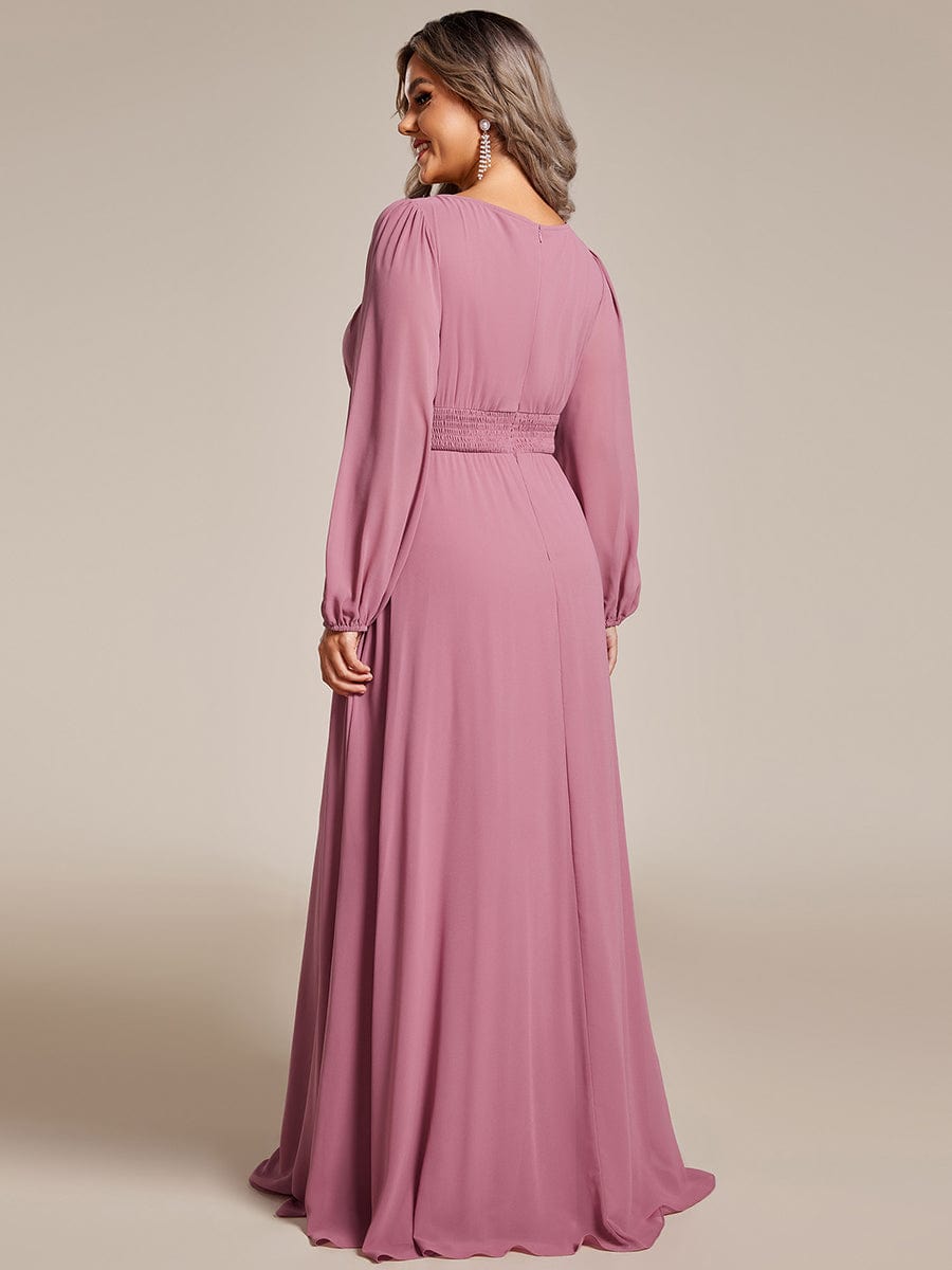 Plus Size Sheer Long Sleeve Pleated Floor Length Bridesmaid Dress