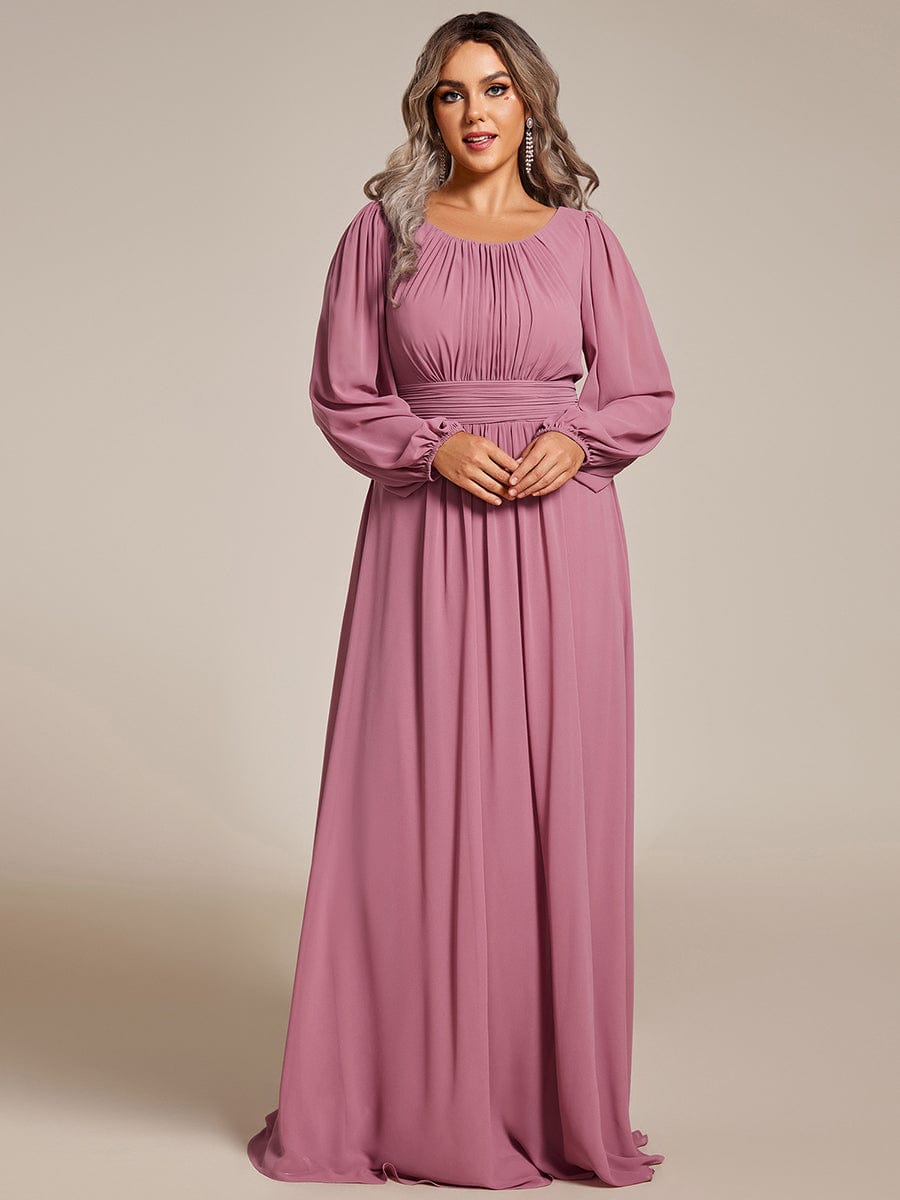 Plus Size Sheer Long Sleeve Pleated Floor Length Bridesmaid Dress