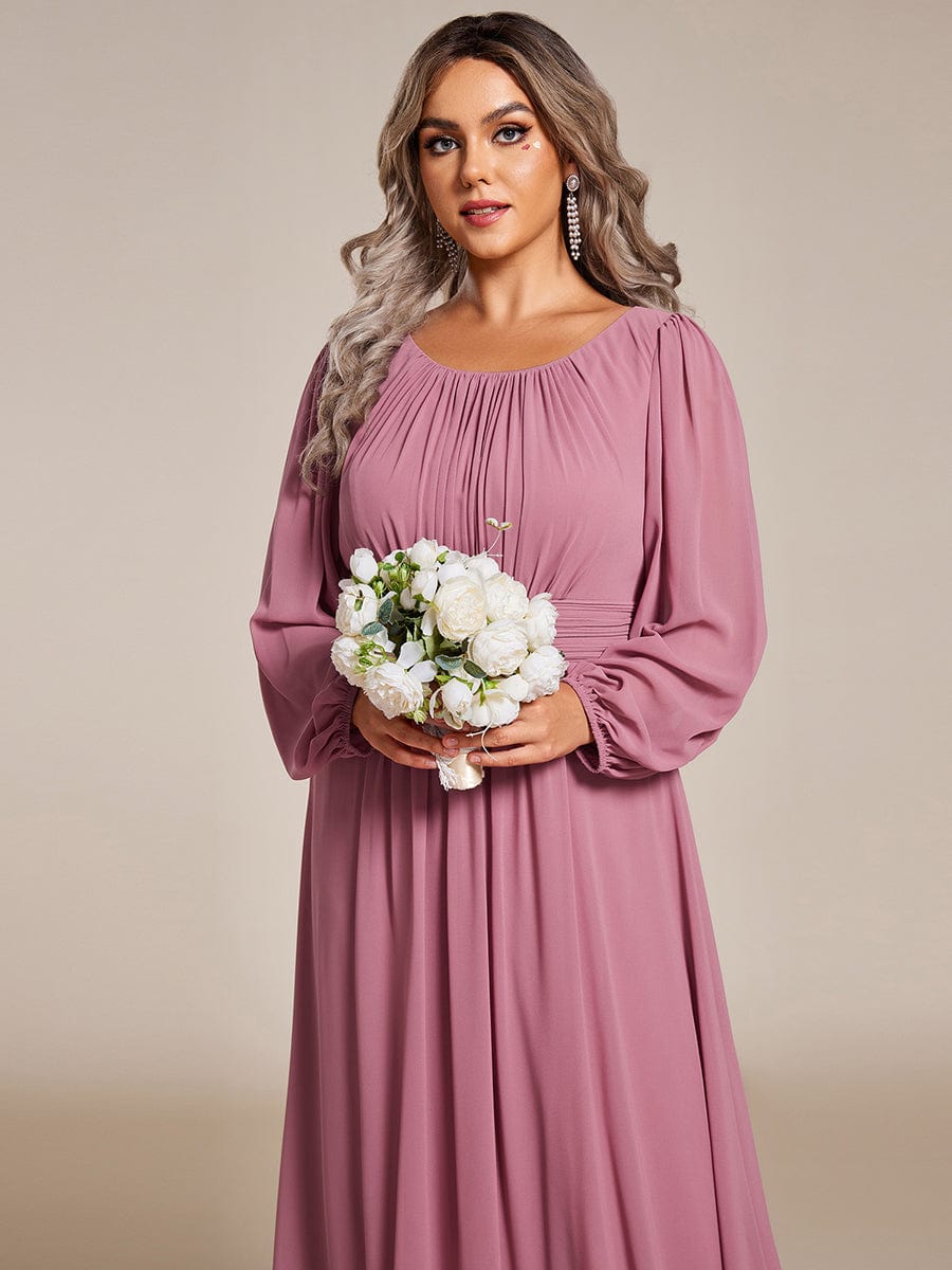 Plus Size Sheer Long Sleeve Pleated Floor Length Bridesmaid Dress