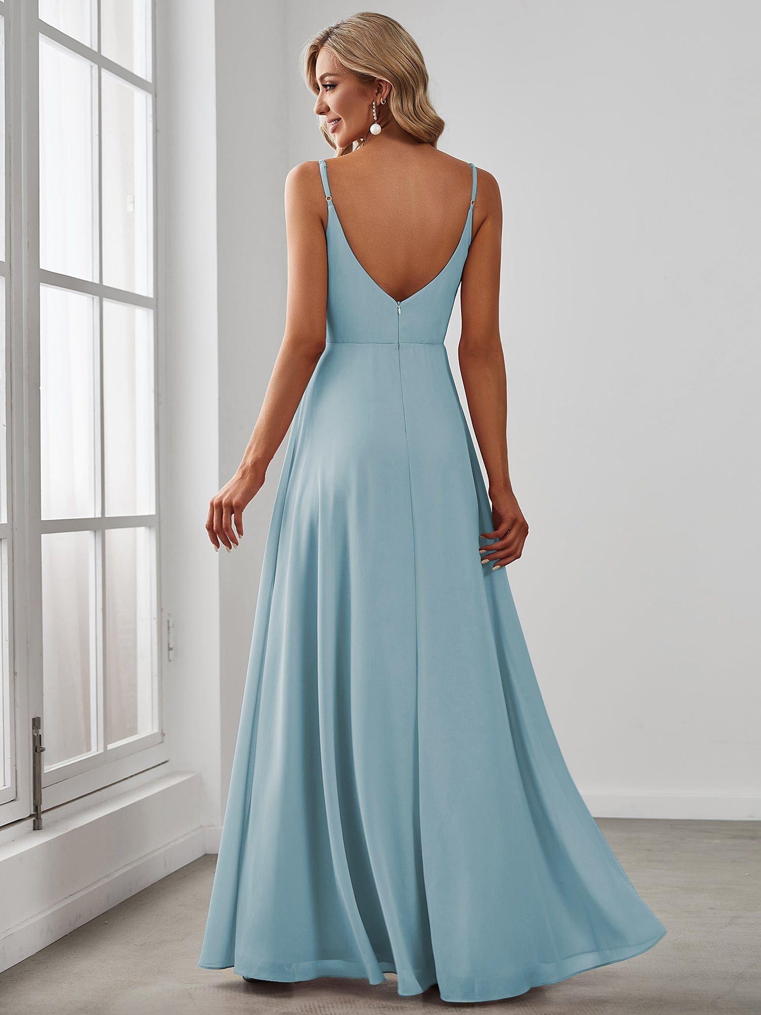 Custom Size Spaghetti Strap Pleated V-Neck High Slit Bridesmaid Dress