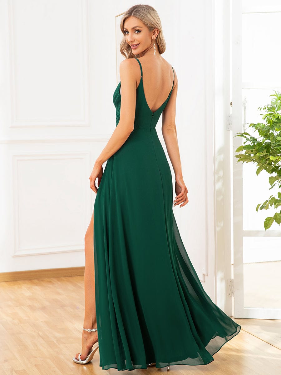 Spaghetti Strap Pleated V-Neck High Slit Bridesmaid Dress