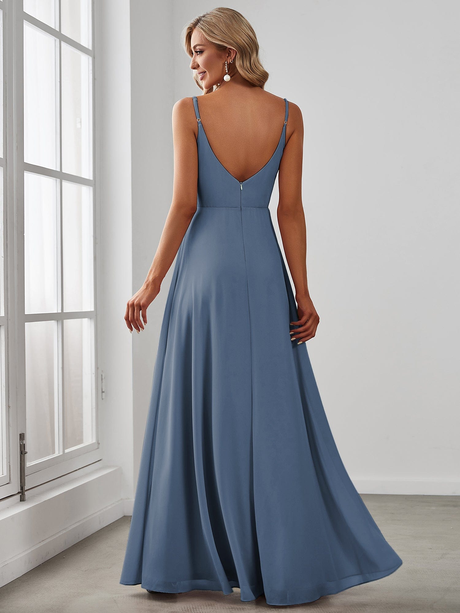 Custom Size Spaghetti Strap Pleated V-Neck High Slit Bridesmaid Dress