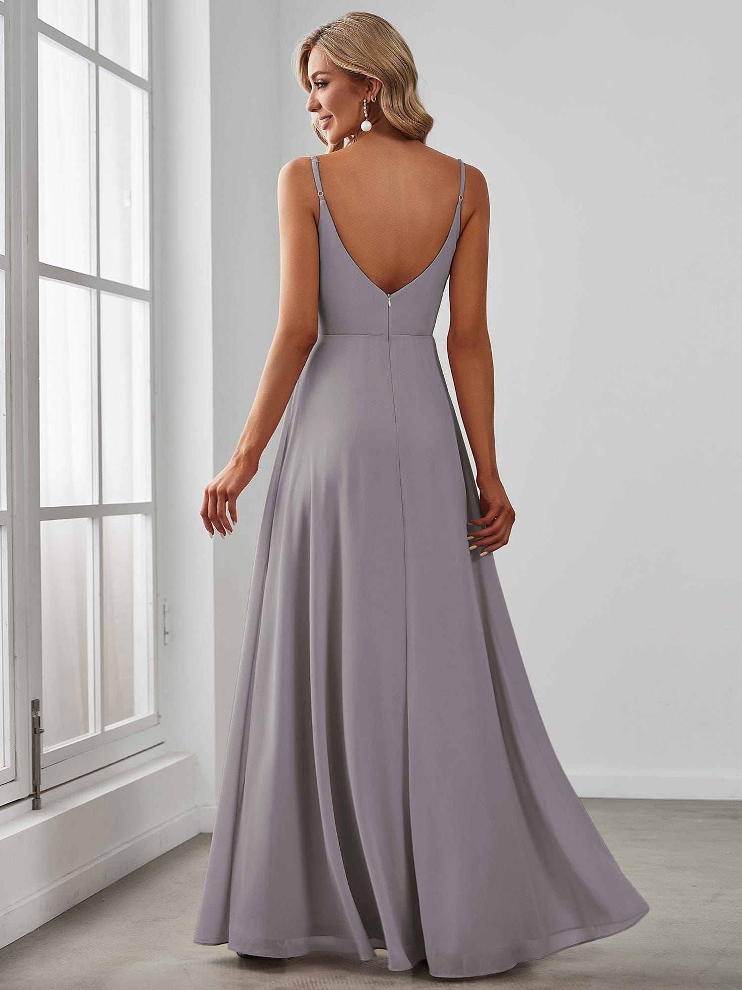 Custom Size Spaghetti Strap Pleated V-Neck High Slit Bridesmaid Dress