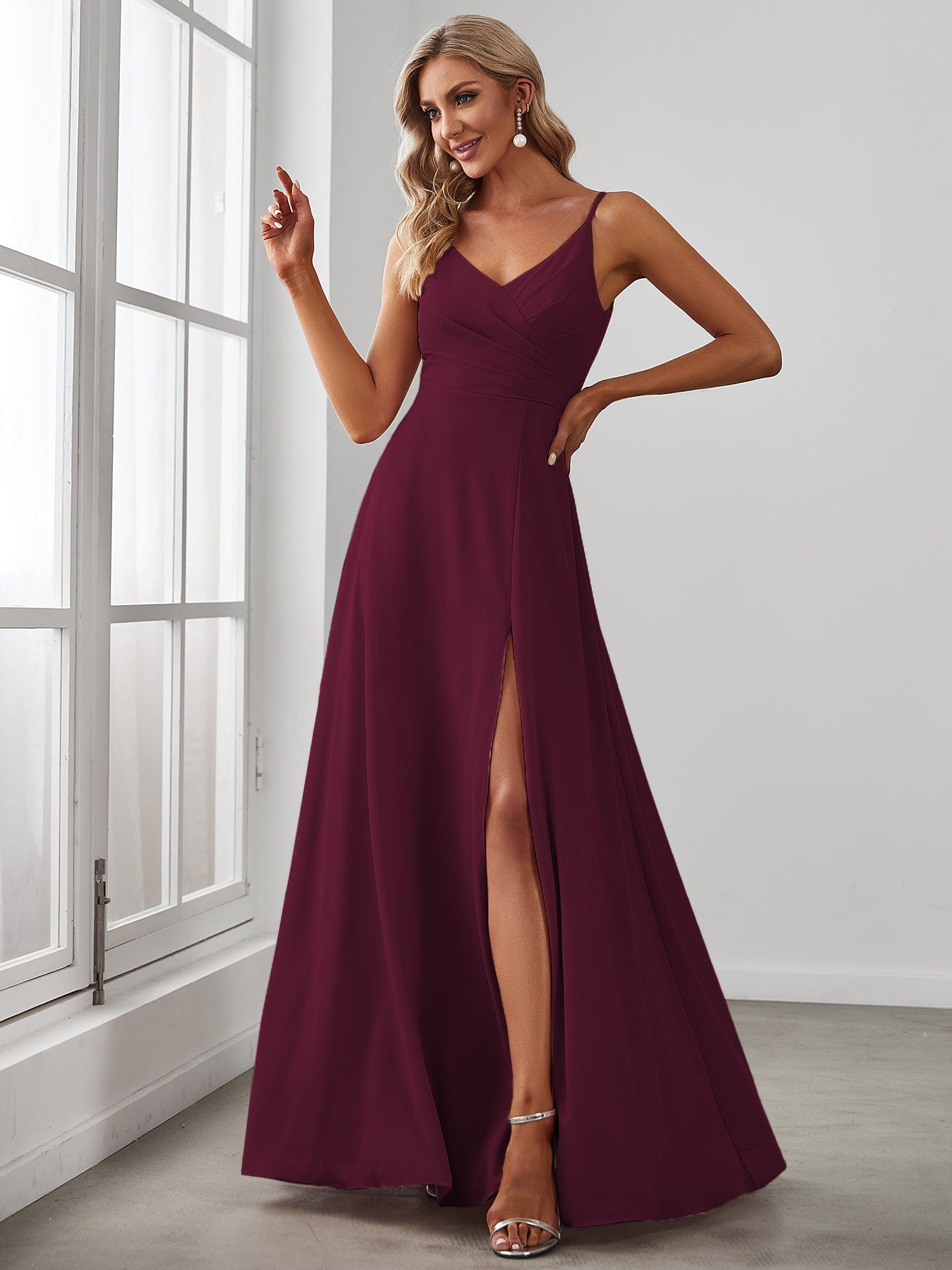 Custom Size Spaghetti Strap Pleated V-Neck High Slit Bridesmaid Dress