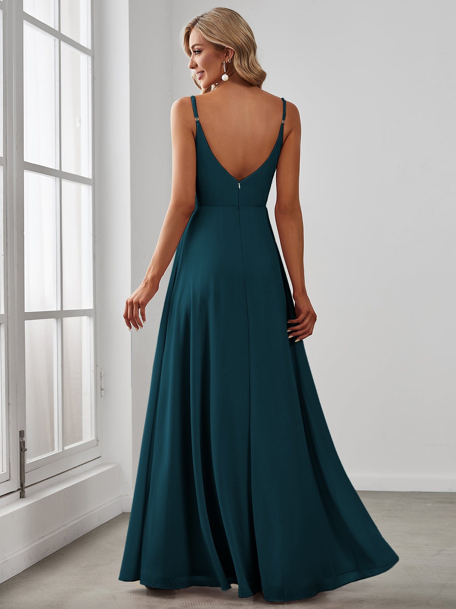 Custom Size Spaghetti Strap Pleated V-Neck High Slit Bridesmaid Dress