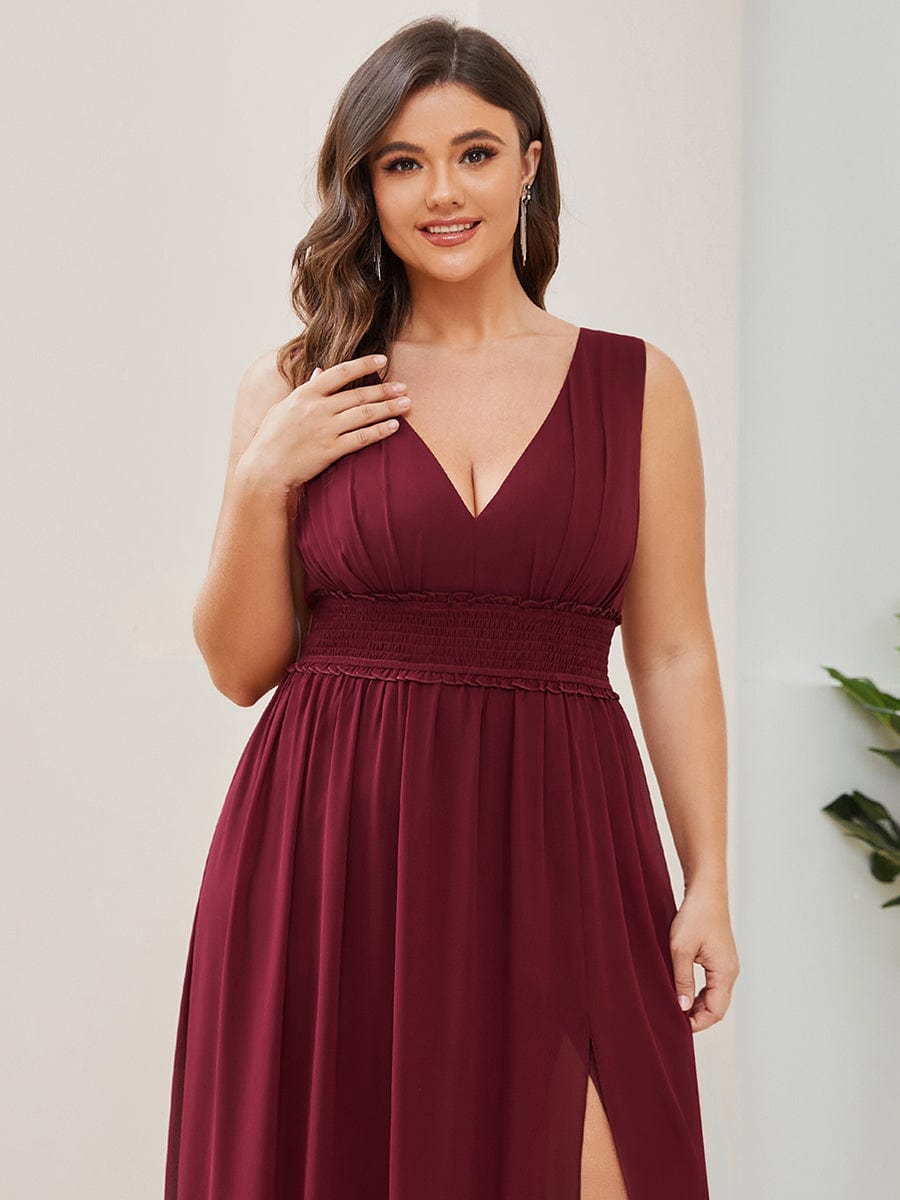 V-Neck Sleeveless Front Slit Pleated Chiffon Bridesmaid Dress