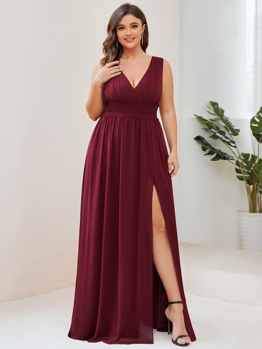 V-Neck Sleeveless Front Slit Pleated Chiffon Bridesmaid Dress