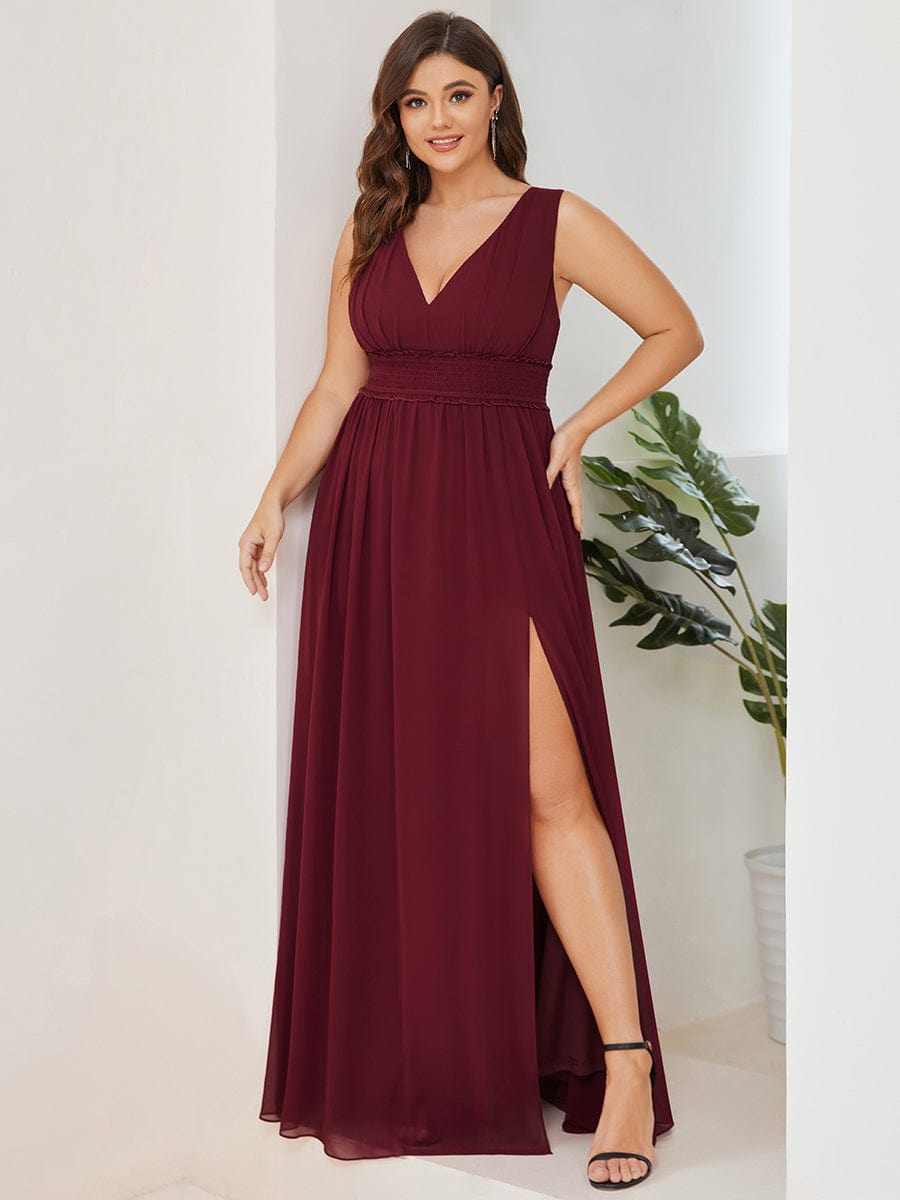 Plus Size V-Neck Sleeveless Pleated Chiffon Bridesmaid Dress with Slit