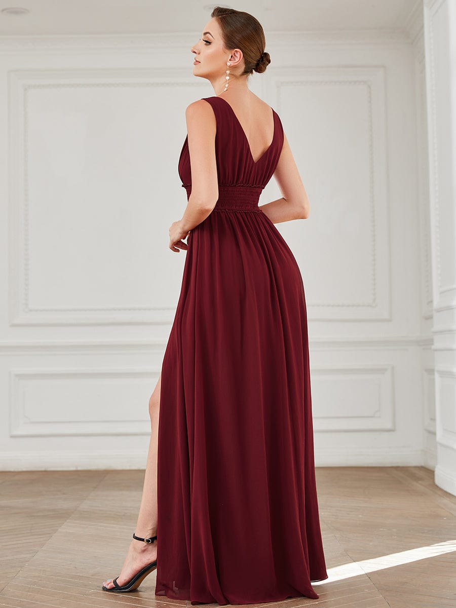 V-Neck Sleeveless Front Slit Pleated Chiffon Bridesmaid Dress