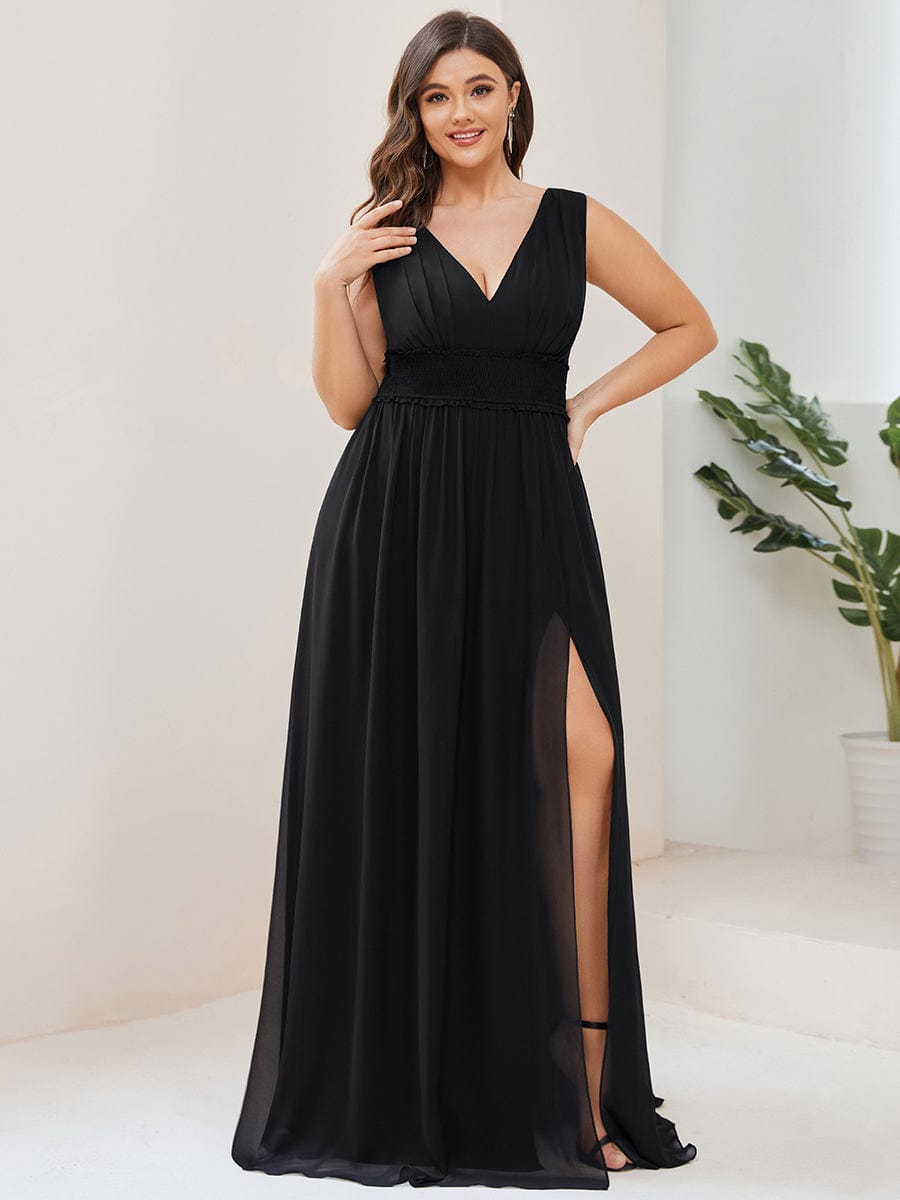 Plus Size V-Neck Sleeveless Pleated Chiffon Bridesmaid Dress with Slit