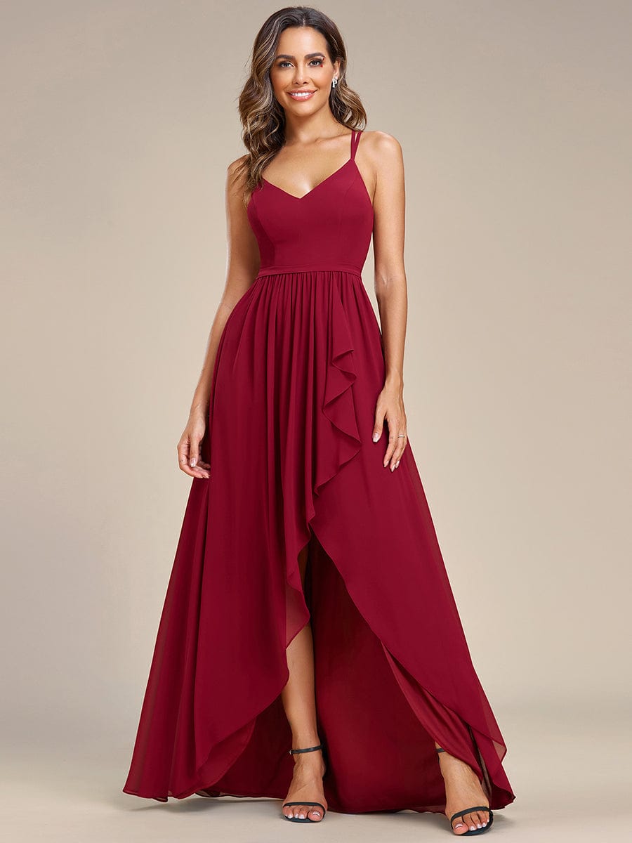 Chiffon Sweetheart Spaghetti Strap Ruffled Front Slit A-Line Bridesmaid Dress