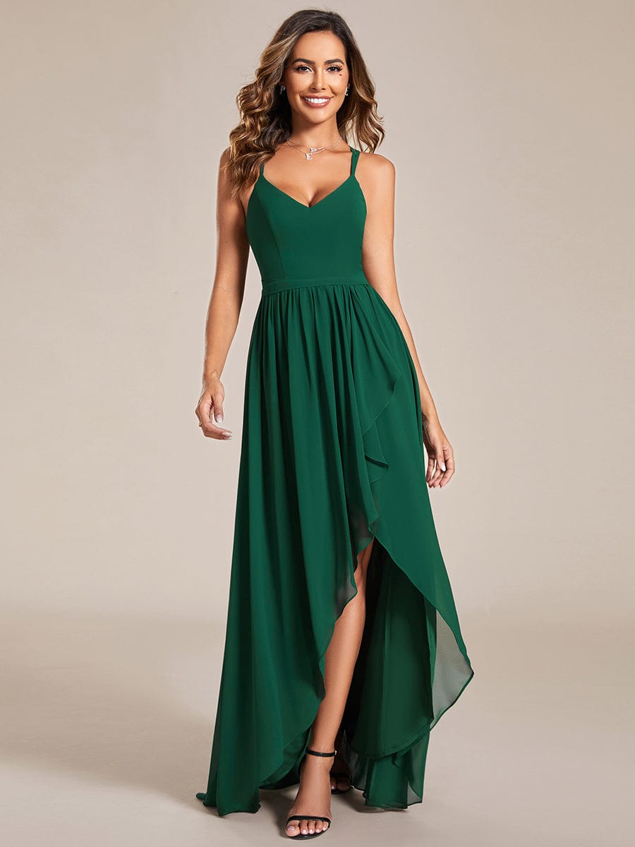 Chiffon Sweetheart Spaghetti Strap Ruffled Front Slit A-Line Bridesmaid Dress