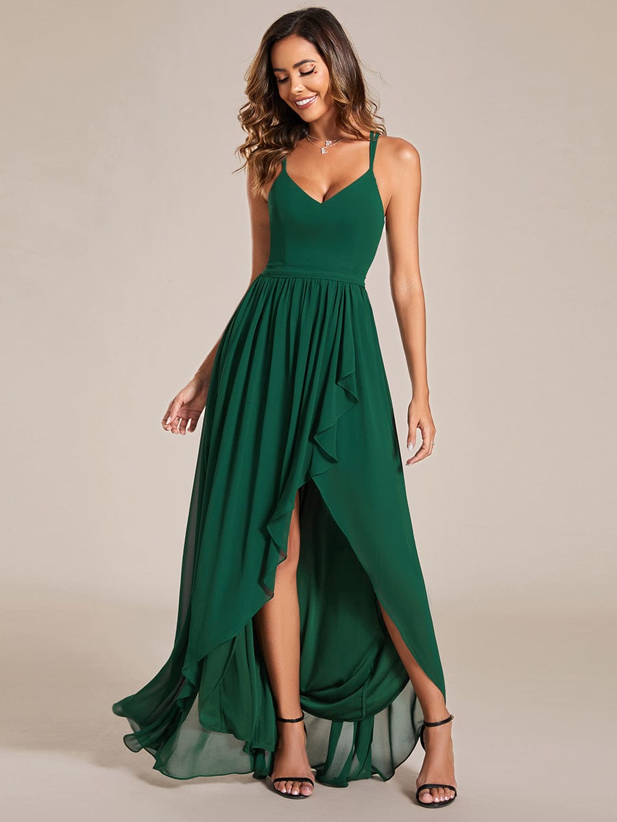 Chiffon Sweetheart Spaghetti Strap Ruffled Front Slit A-Line Bridesmaid Dress