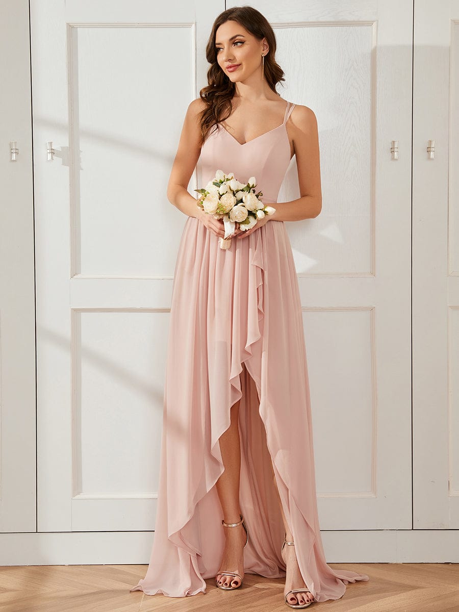 Chiffon Sweetheart Spaghetti Strap Ruffled Front Slit A-Line Bridesmaid Dress